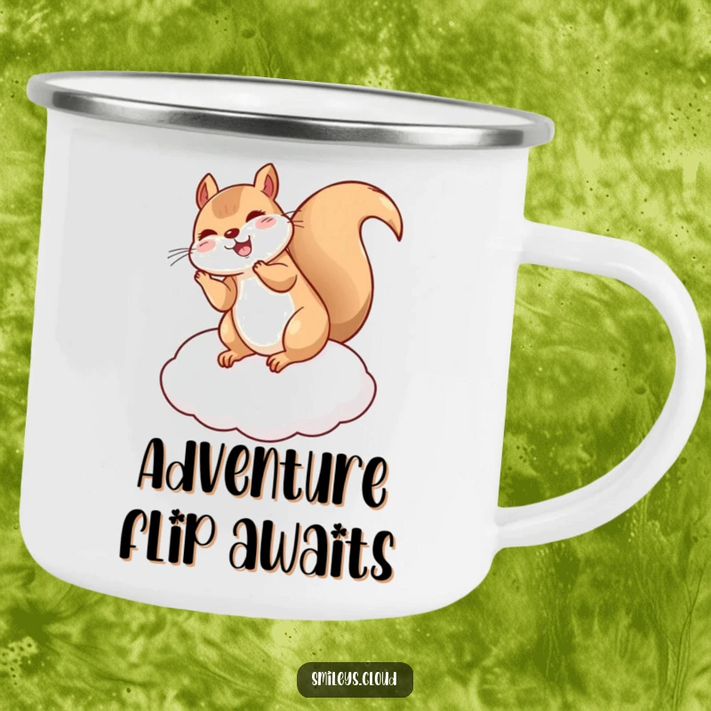 Funny Squirrel camping mug showing a giggling squirrel doing a flip on a cloud cushion, ready for outdoor fun and warm drinks.