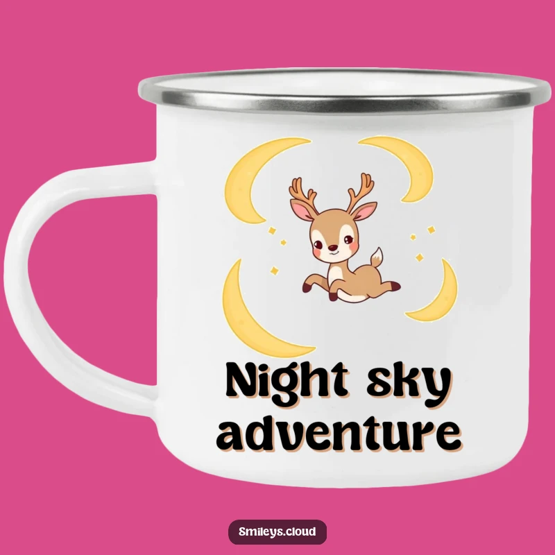 Enjoy the night sky with a magical friend. This mug features a deer leaping through the stars.