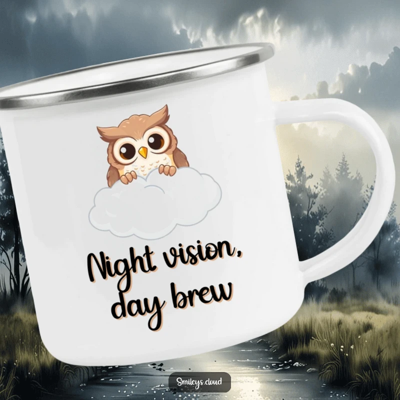 Funny curious owl peeking over a cloud, on a durable camping mug.