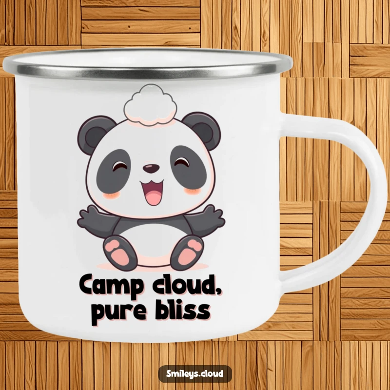 Funny retro-style camping mug featuring a smiling panda balancing a cloud, perfect for outdoor adventures and humor.