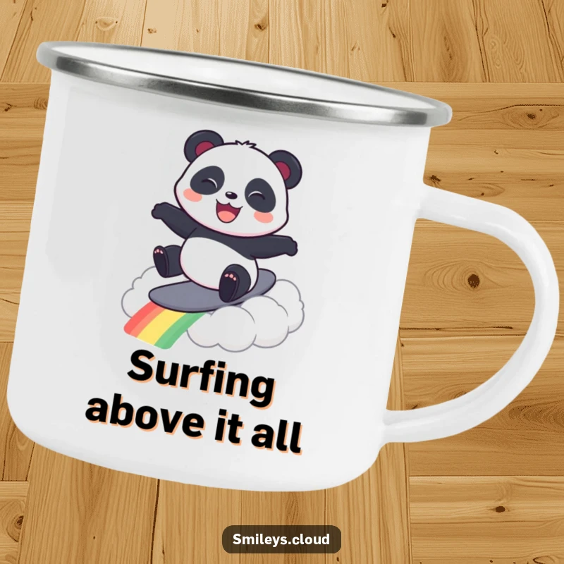 Funny camping mug showing a happy panda surfing a rainbow cloud, perfect for outdoor enthusiasts who love humor.