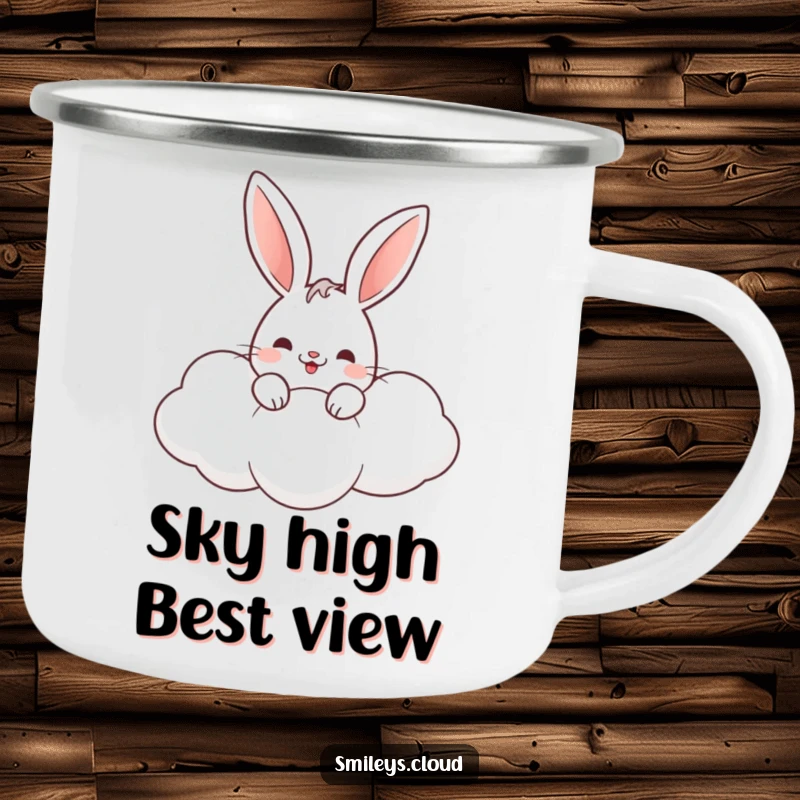 Funny rabbit camping mug featuring a cute bunny peeking from a cloud, perfect for enjoying drinks outdoors.
