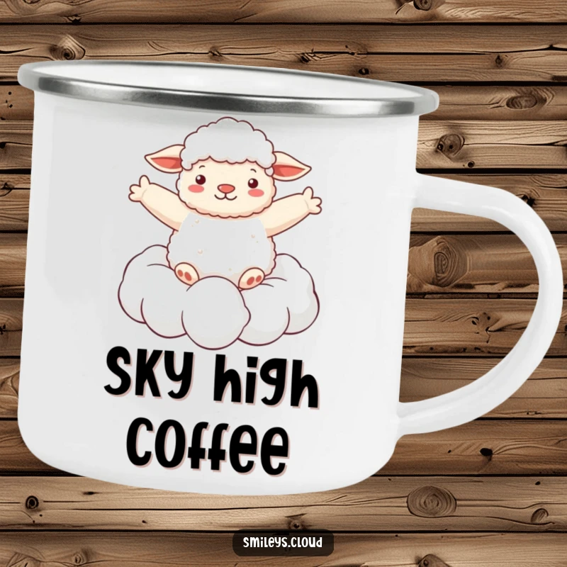 Funny camping mug showing a fluffy sheep floating on a cloud with arms spread wide, embodying peacefulness during outdoor excursions.