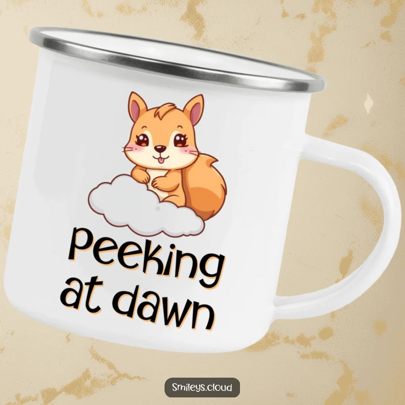 Funny Squirrel Camping Mug: A cute squirrel peeks from a cloud on this rugged mug, ideal for outdoor adventures and humor.