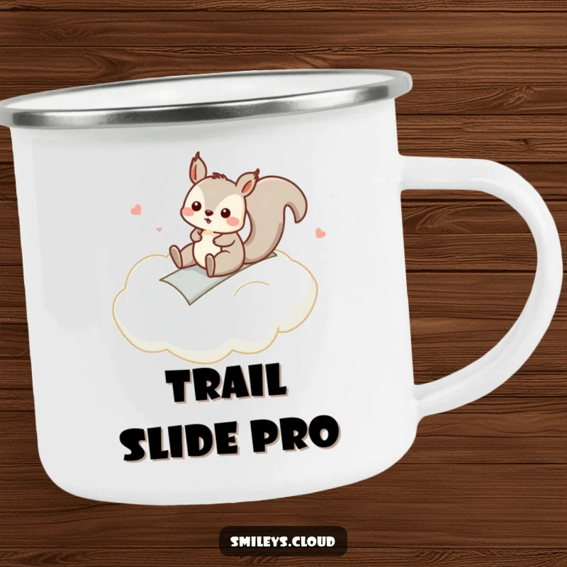 Funny camping mug with a silly squirrel sliding down a cloud, perfect for outdoor adventures and hot beverages.