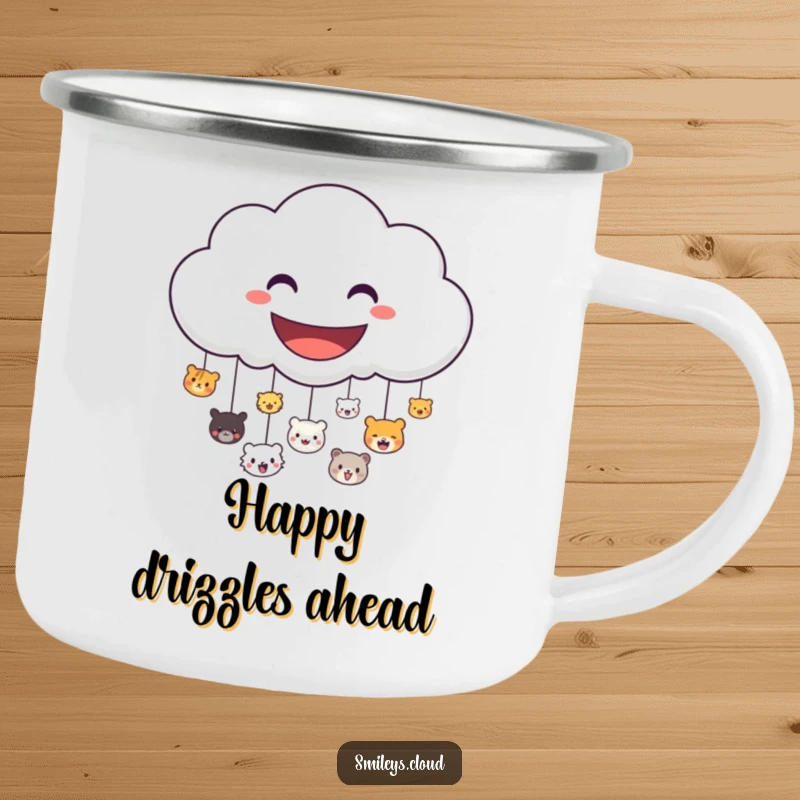 Funny camping mug showing a happy cloud character raining down small, cheerful animal faces, perfect for outdoor enjoyment.