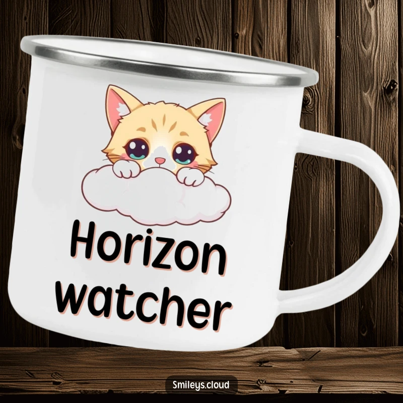 Funny camping mug with a curious cat peeking over a cloud, eyes wide with wonder and a hint of playful curiosity.