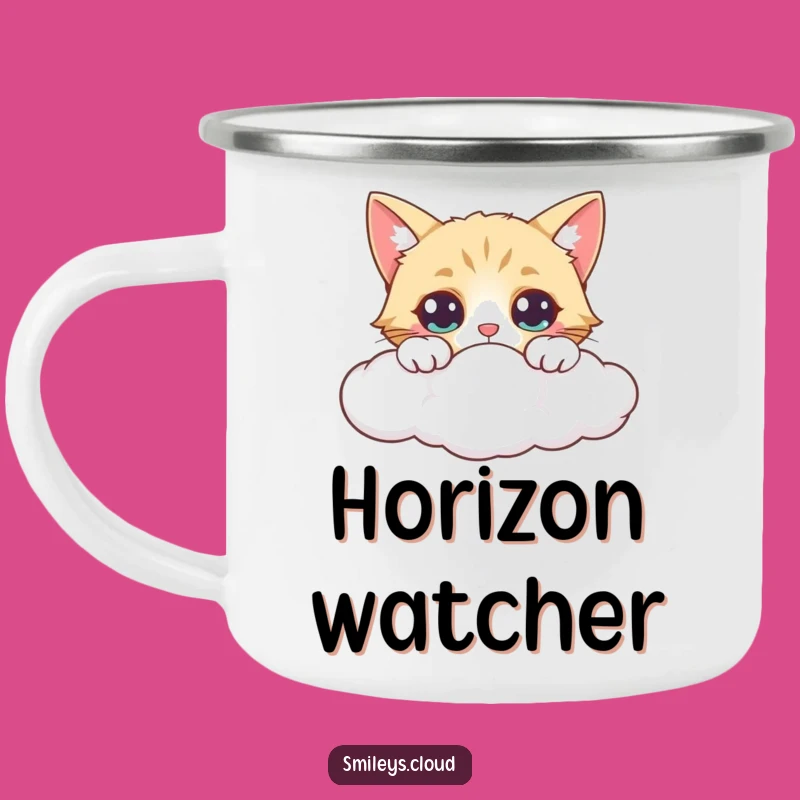 Funny Curious Cat Cloud Camping Mug - Wide-Eyed Outdoor Coffee Cup