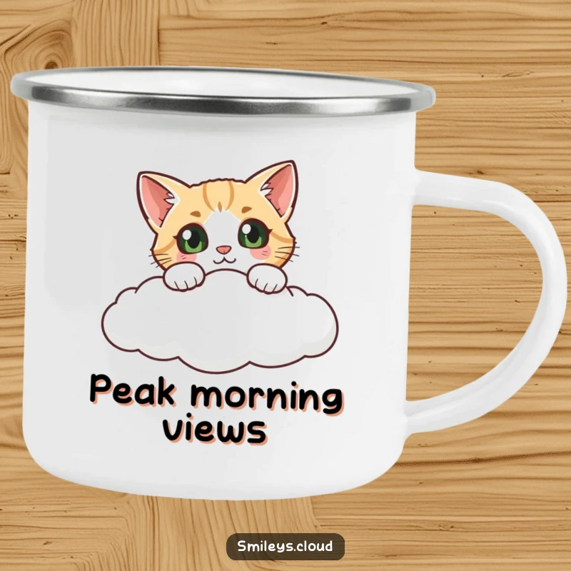 Funny cat camping mug, a curious cat peeking over a cloud, designed for rugged adventures and whimsical enjoyment.