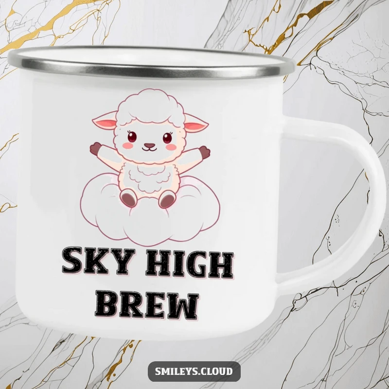 Funny camping mug with a fluffy sheep happily floating on a cloud, arms spread wide in a joyful, relaxing posture.