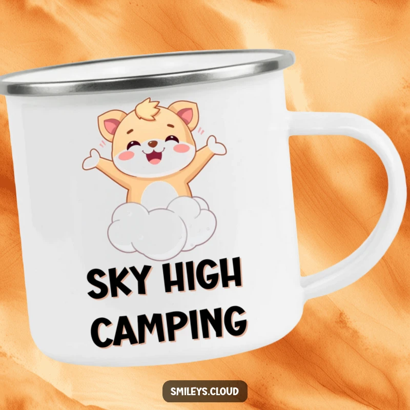Funny Floating Animal Camping Mug: A happy animal floating on a cloud with arms open, perfect for outdoor enjoyment.