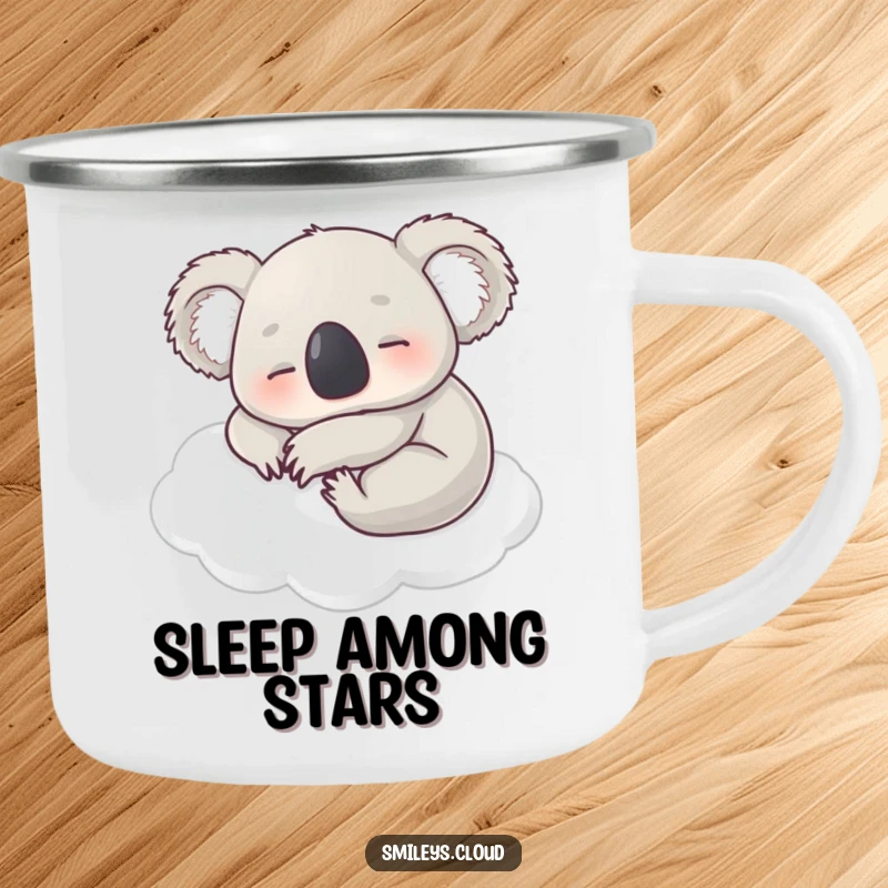 Funny camping mug with a contented koala napping on a soft white cloud, ideal for cozy outdoor relaxation.