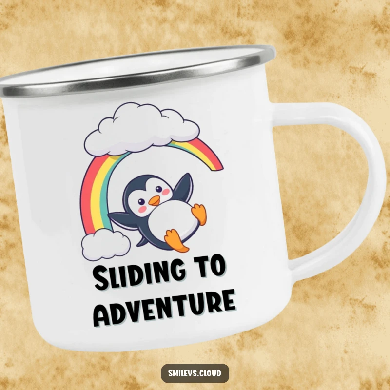 Funny Penguin Camping Mug: A playful penguin slides down a rainbow on this rugged mug, ideal for outdoor adventures and humor.