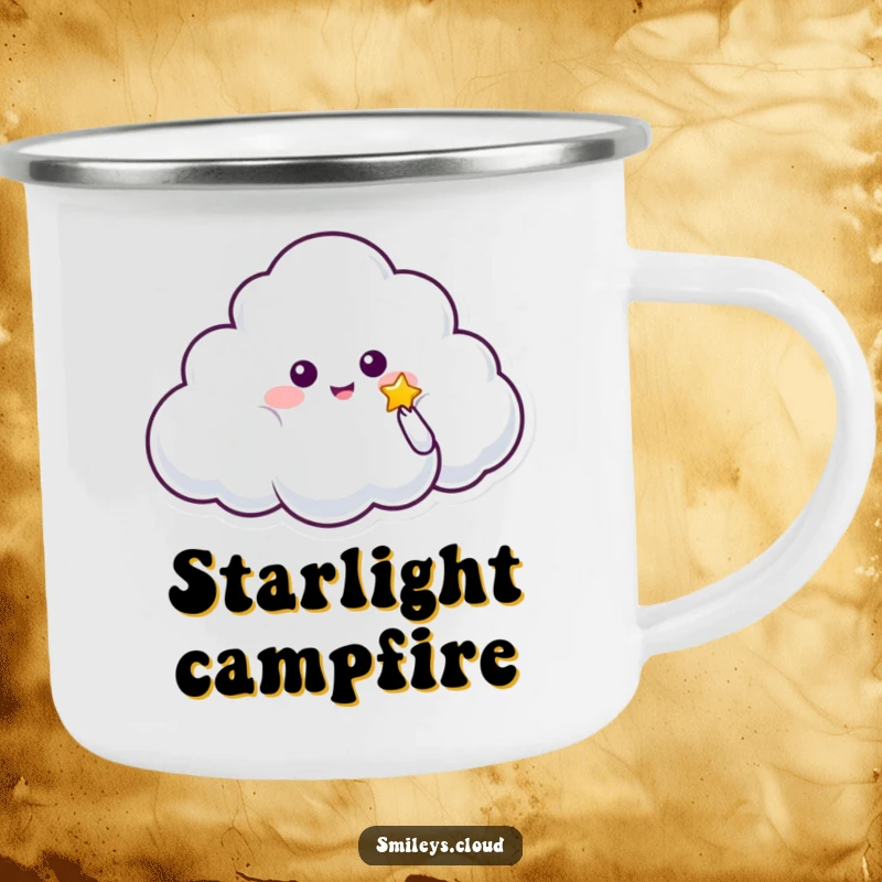 Funny camping mug featuring a cloud character offering a glowing star, designed for outdoor use and inspiring magical wishes.