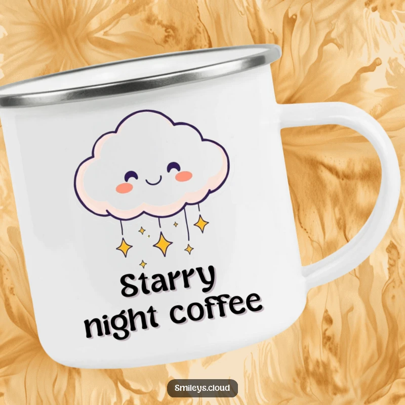 Funny smiling cloud face on a camping mug sending sparkling stars downward, ideal for outdoor magic.
