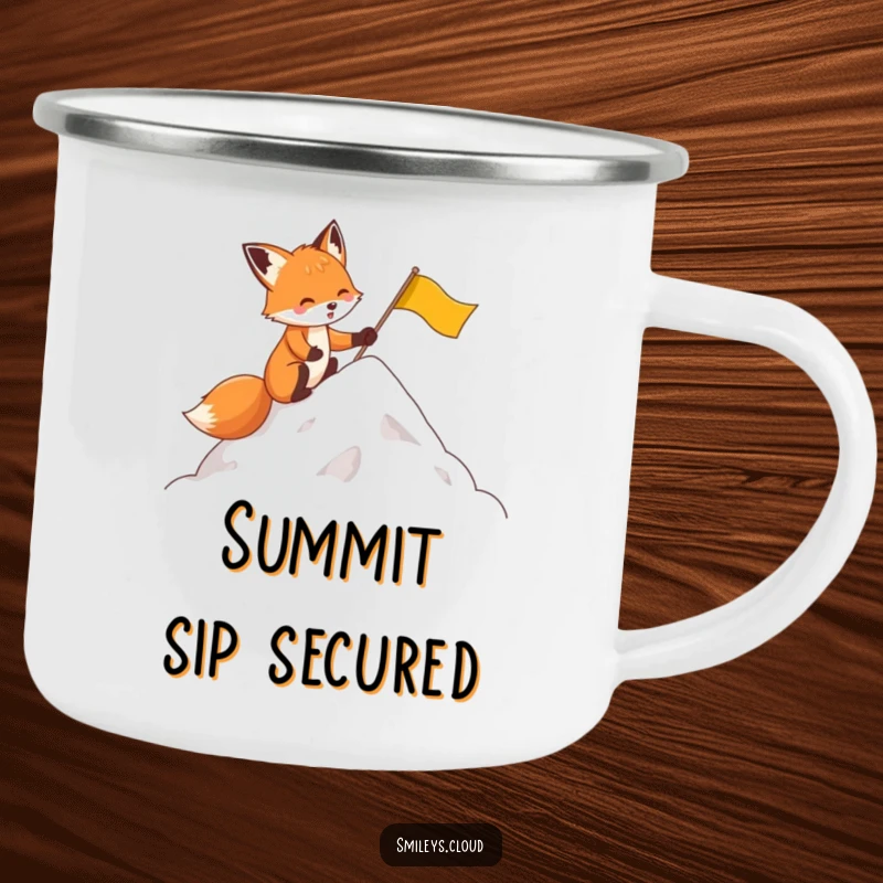Funny camping mug depicting a determined fox planting a flag on a cloud peak, for humorous outdoor enjoyment.