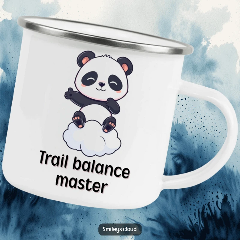 Funny enamel camping mug with a determined panda balancing on a cloud, designed for outdoor focus and humor.