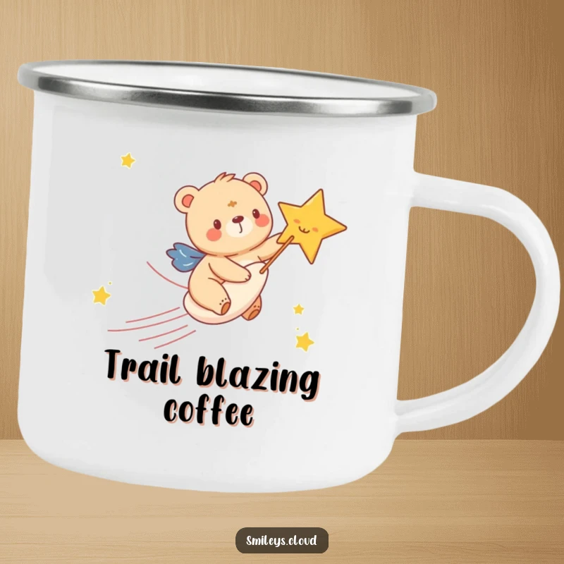 Funny camping mug featuring a happy bear cub riding a shooting star with glee, perfect for enjoying drinks in the great outdoors.