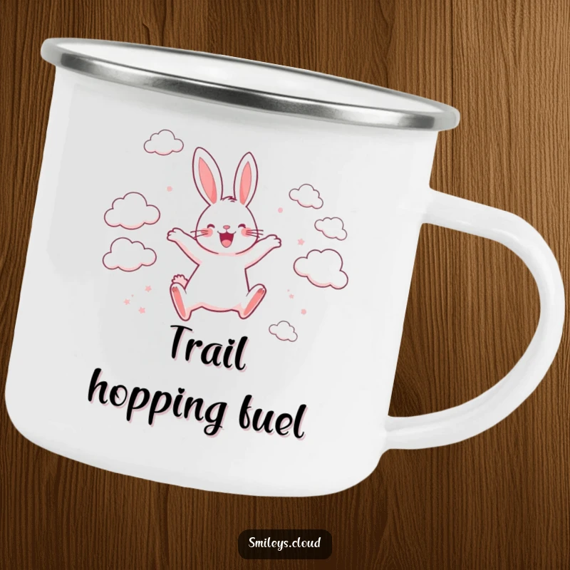 Funny camping mug showing a happy rabbit leaping between scattered clouds with pure joy, embodying cheerful energy during outdoor activities.