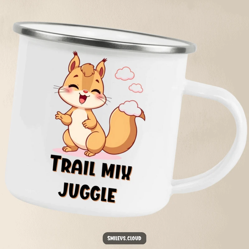 Funny Squirrel Camping Mug: A giggling squirrel juggles clouds, bringing playful energy to your favorite outdoor beverage.