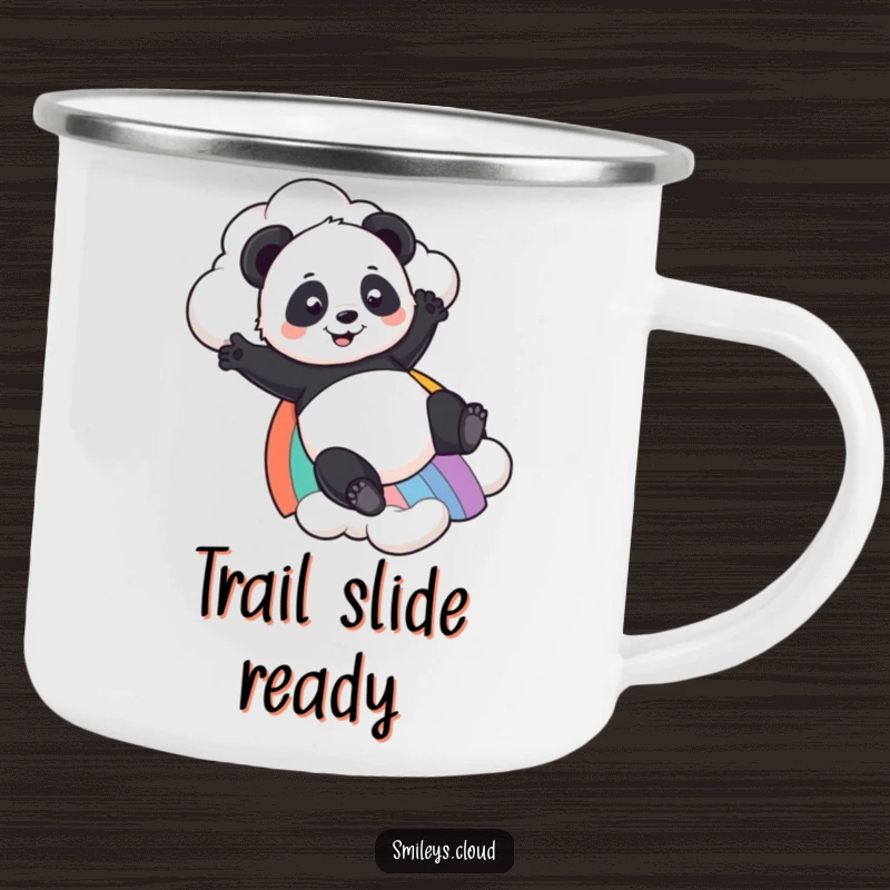 Funny Panda camping mug showing a playful panda sliding down a rainbow from a cloud, ready for outdoor fun and warm drinks.