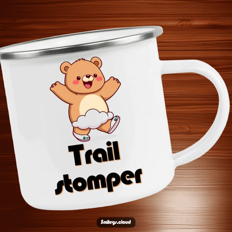Funny camping mug with a proud bear wearing cloud shoes and walking on air, perfect for outdoor adventures and happy sips.