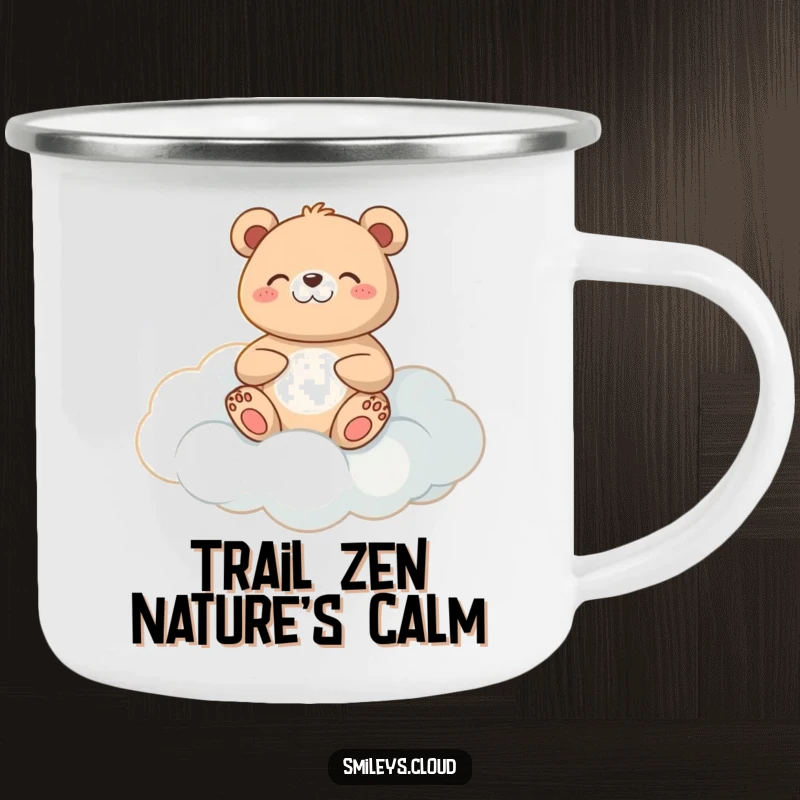 Funny meditating bear camping mug featuring a calm bear meditating on a cloud, perfect for outdoor enjoyment.