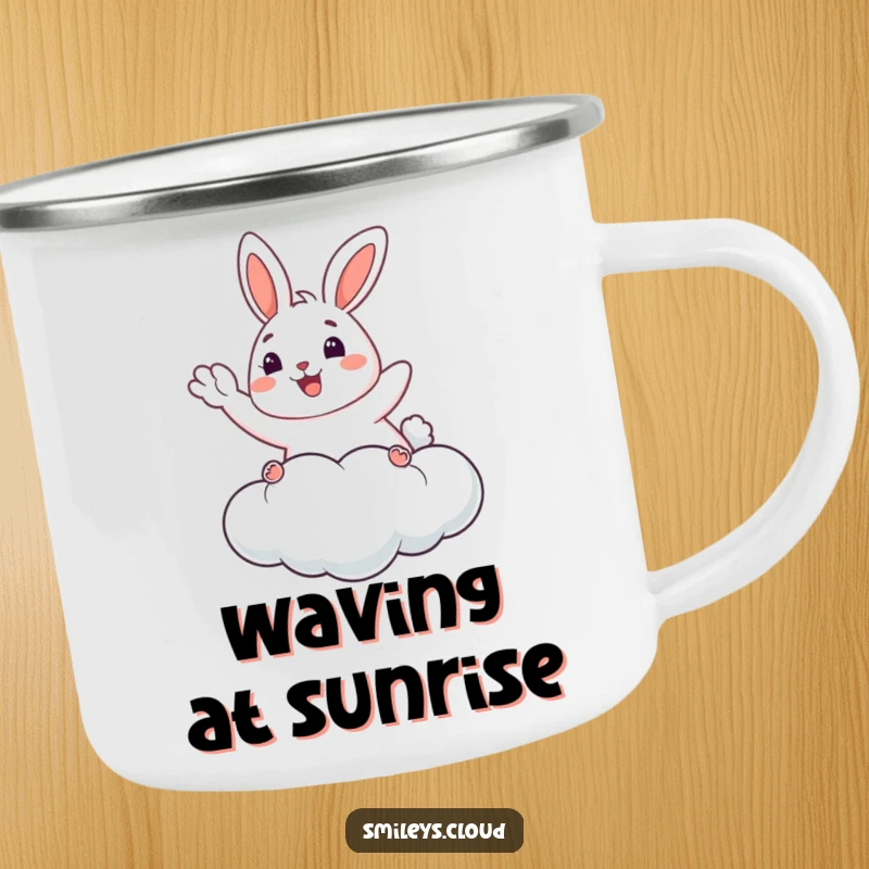Funny Bunny Camping Mug: A happy bunny waves from a cloud on this rugged mug, ideal for outdoor enthusiasts and humor.