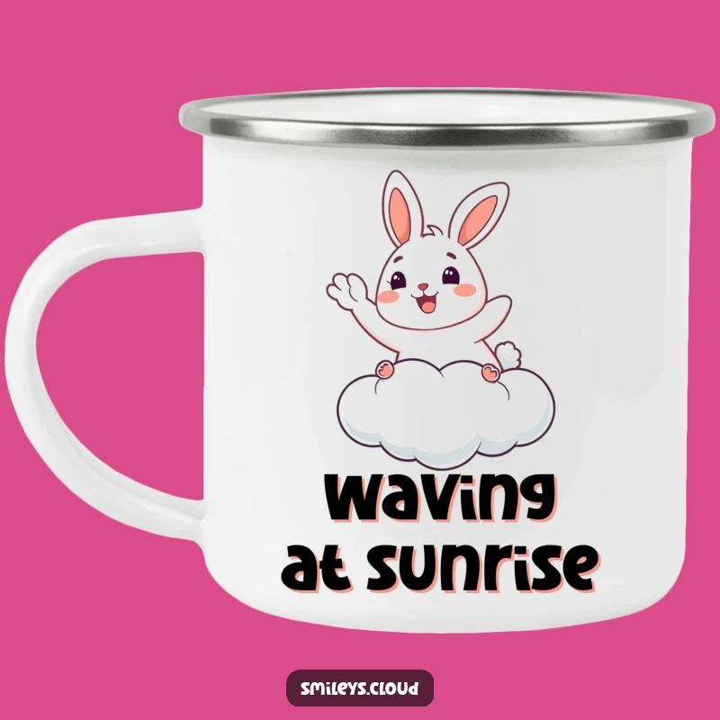 Funny Bunny Camping Mug: Happy Cloud Waving - Adventure with Joy!