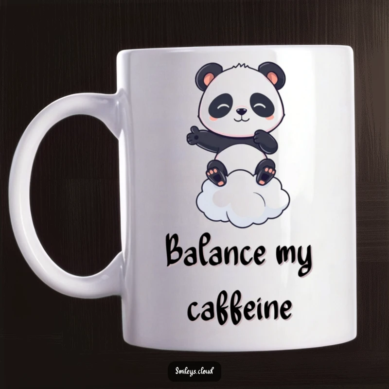Funny mug with a determined panda balancing expertly on a fluffy cloud, showcasing concentration and humor.