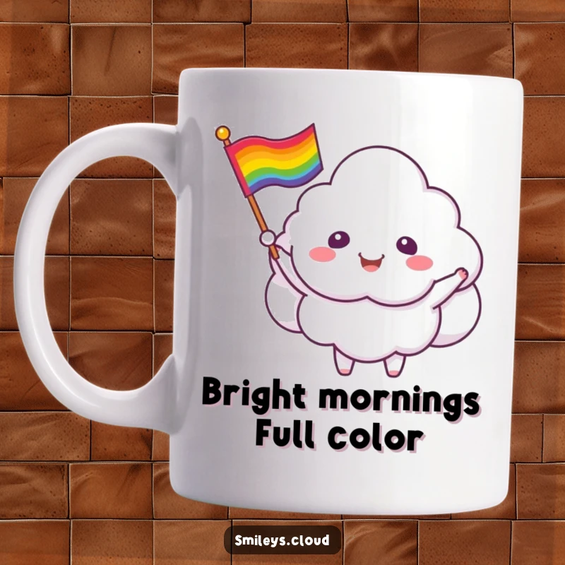 Funny cloud critter mug featuring a smiling, anthropomorphic cloud waving a colorful rainbow flag with pride and happiness.