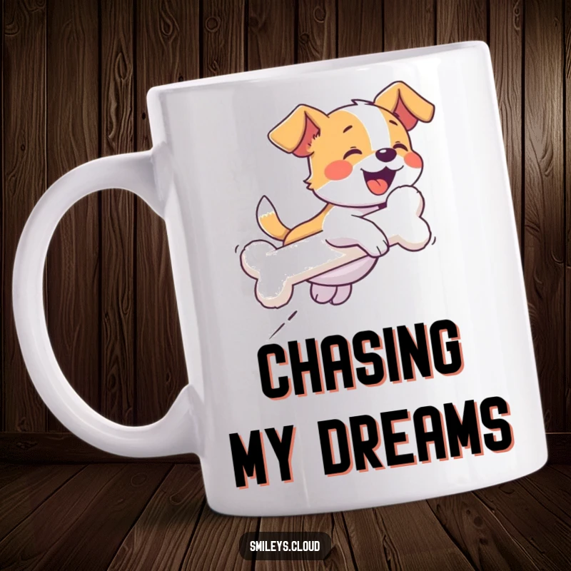 Funny mug with a giggling dog joyfully chasing a cloud shaped exactly like a bone, full of playful energy.