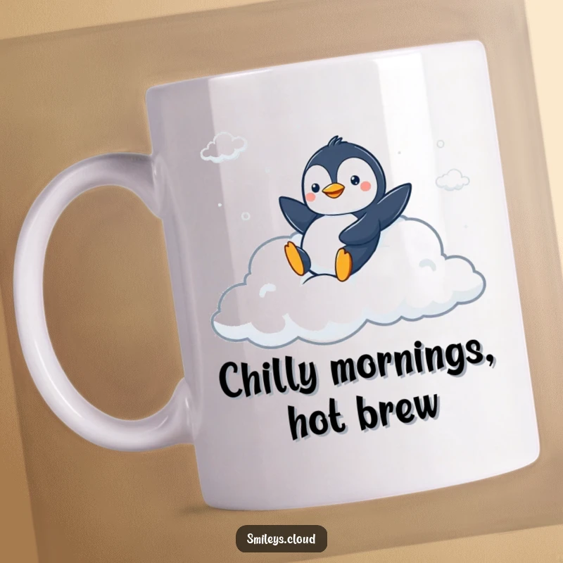 Funny mug featuring a peppy penguin joyfully sliding down a fluffy cloud slide, exuding pure excitement and fun.