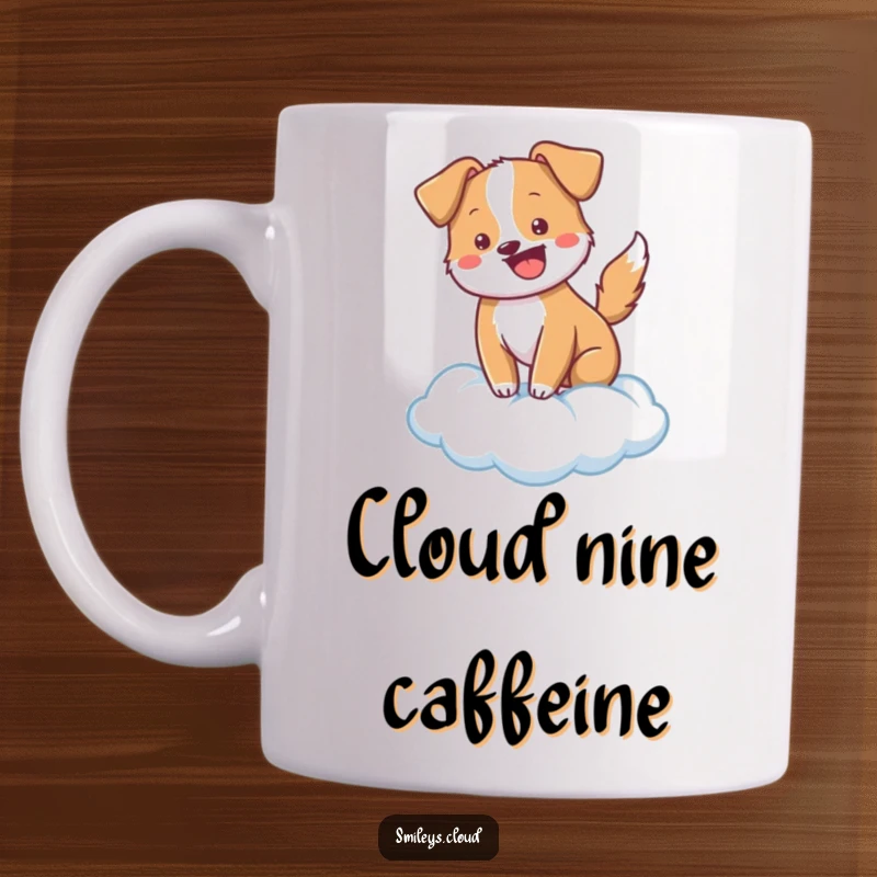 Funny cheerful dog with a wagging tail sitting happily on a soft cloud, depicted on this delightful mug.