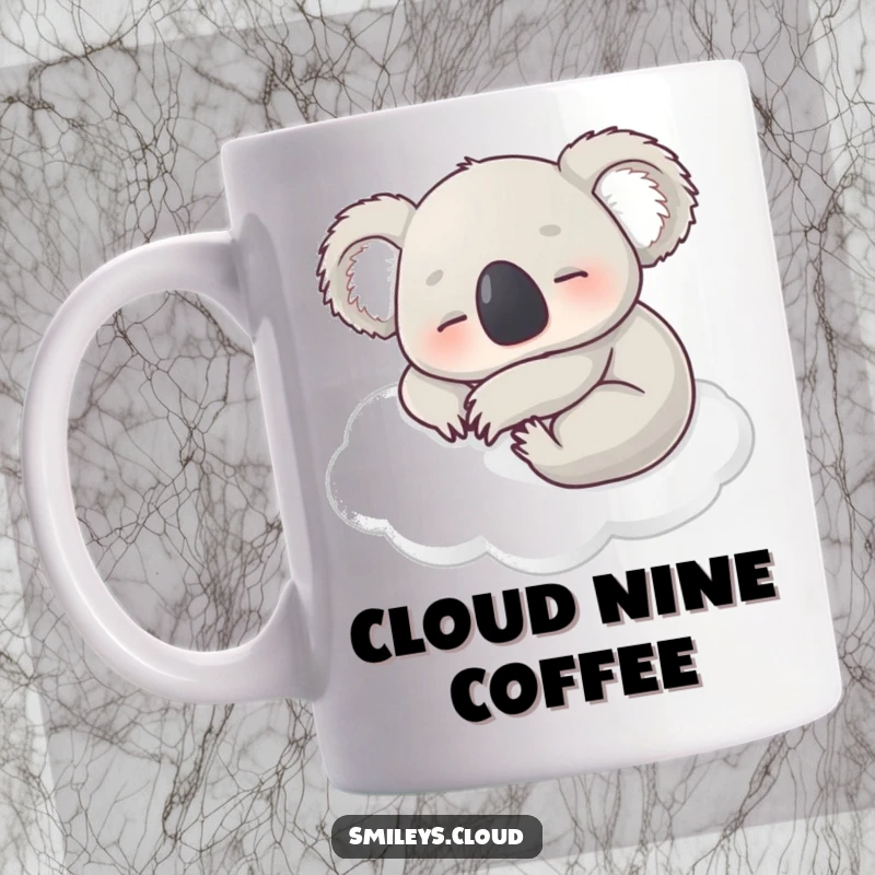 Funny mug with a contented koala napping peacefully on a soft, white cloud, radiating ultimate relaxation.