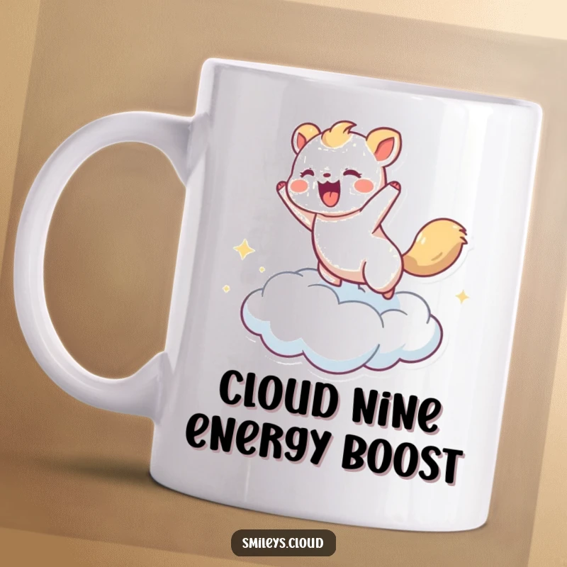 Funny mug depicting an animated animal energetically bouncing on a soft cloud, embodying pure joy and playfulness.