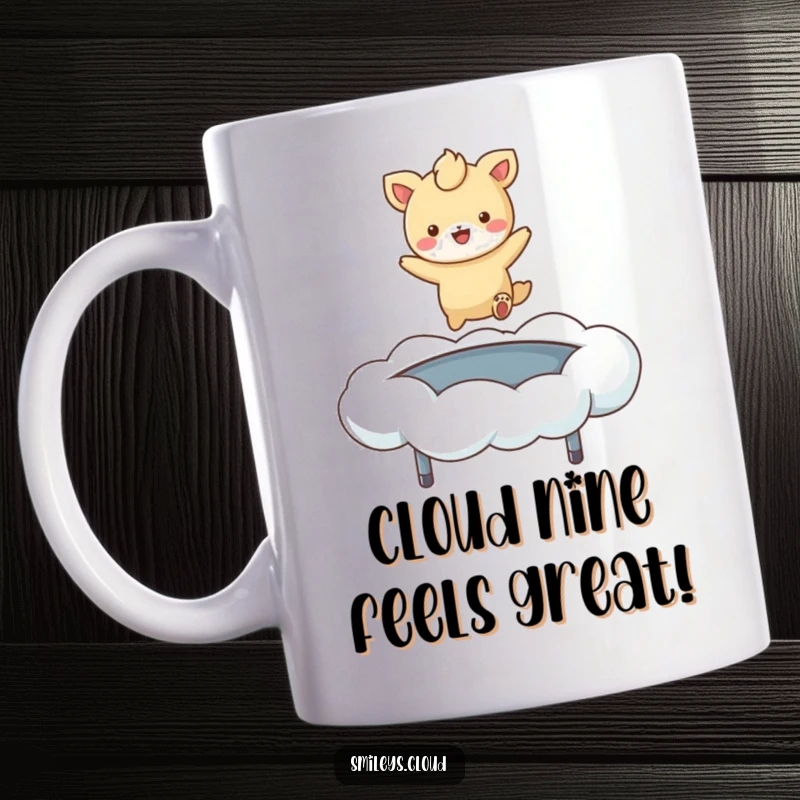 Funny mug showcasing a cheerful cartoon animal gleefully bouncing high on a fluffy, trampoline-like cloud, radiating pure joy.