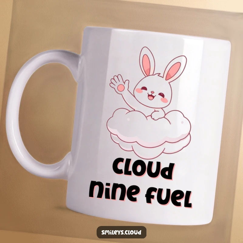Funny mug featuring a cheerful bunny floating on a fluffy cloud, waving hello with a big smile and joyful expression.