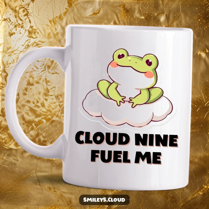 Funny frog character lounging happily on a fluffy cloud, smiling contentedly on this humorous mug.