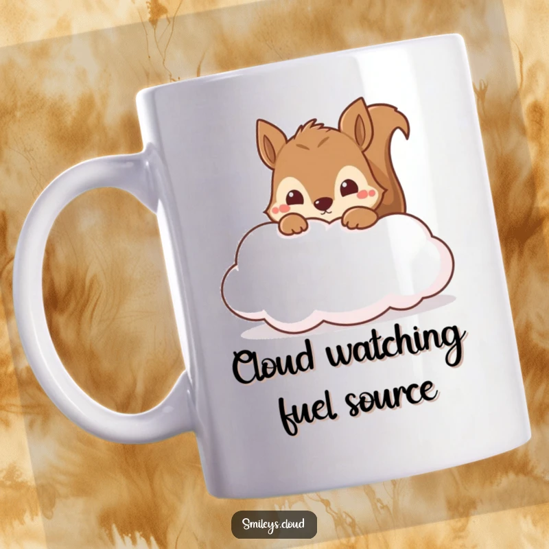 Funny squirrel peeking curiously from behind a soft fluffy cloud, bringing smiles and laughter to this delightful mug.