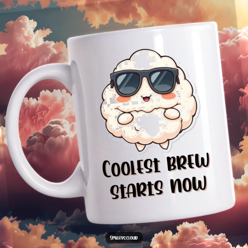 Funny mug illustration of a fluffy cloud wearing sunglasses, striking a cool pose with a confident, cheerful smirk.