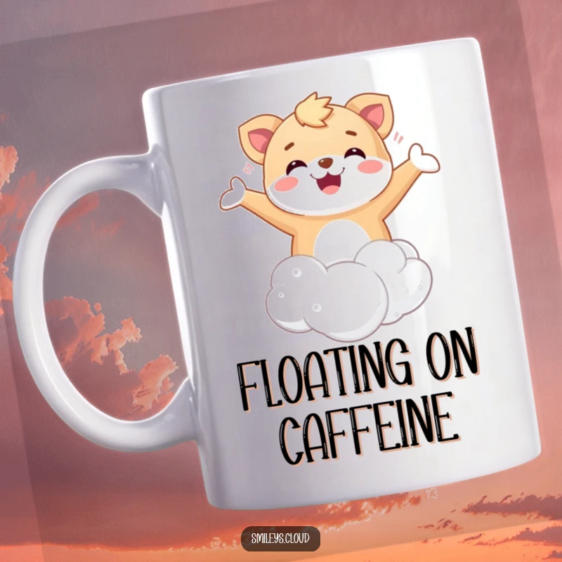 Funny Floating Animal Mug: A happy animal blissfully floating on a fluffy cloud with arms wide open.