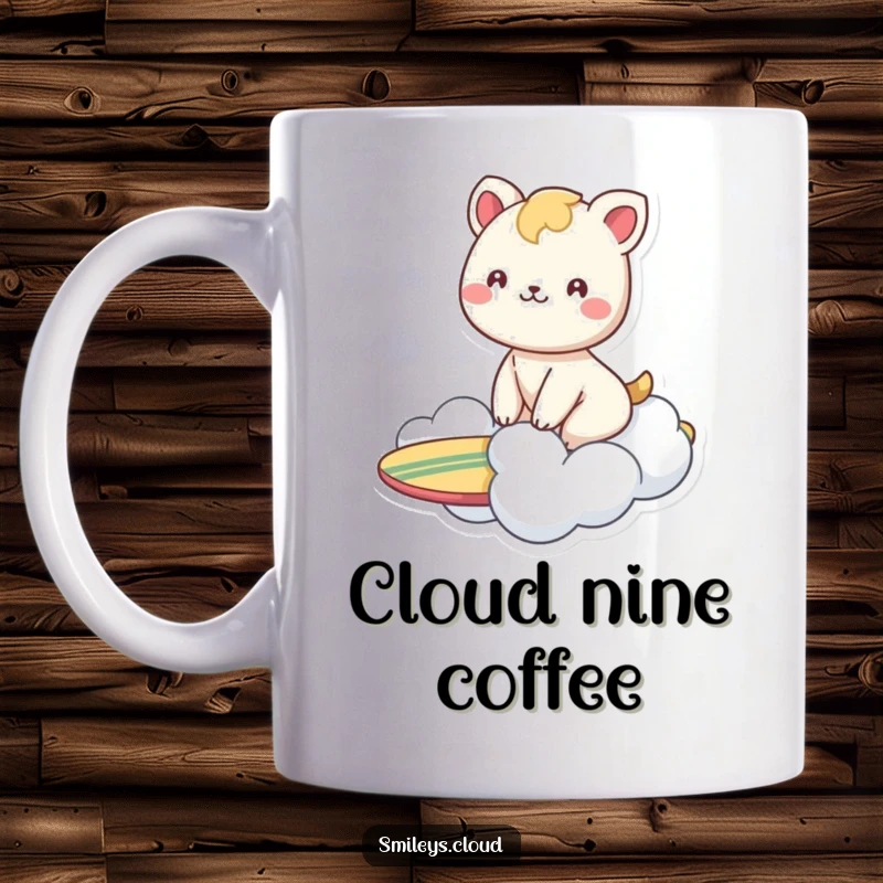 Funny mug featuring a smiling animal joyfully riding a cloud like a surfboard, embodying carefree happiness and adventure.