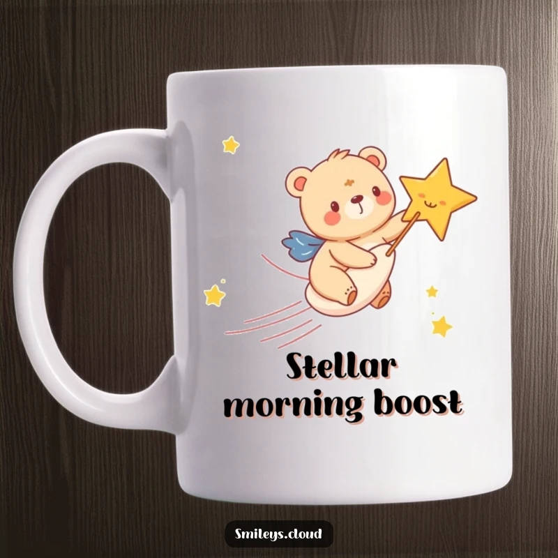 Funny mug featuring a happy bear cub gleefully riding a bright shooting star across a night sky, embodying pure excitement.
