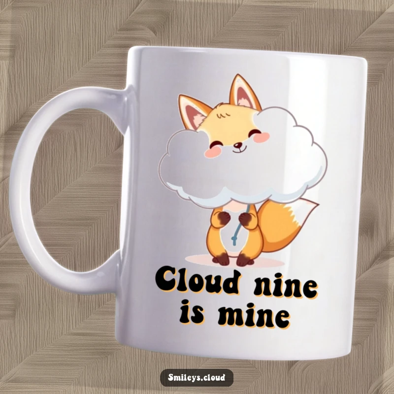 Funny fox mug, a cheerful fox gleefully holding a fluffy cloud like a balloon, embodying pure joy and playful dreams.