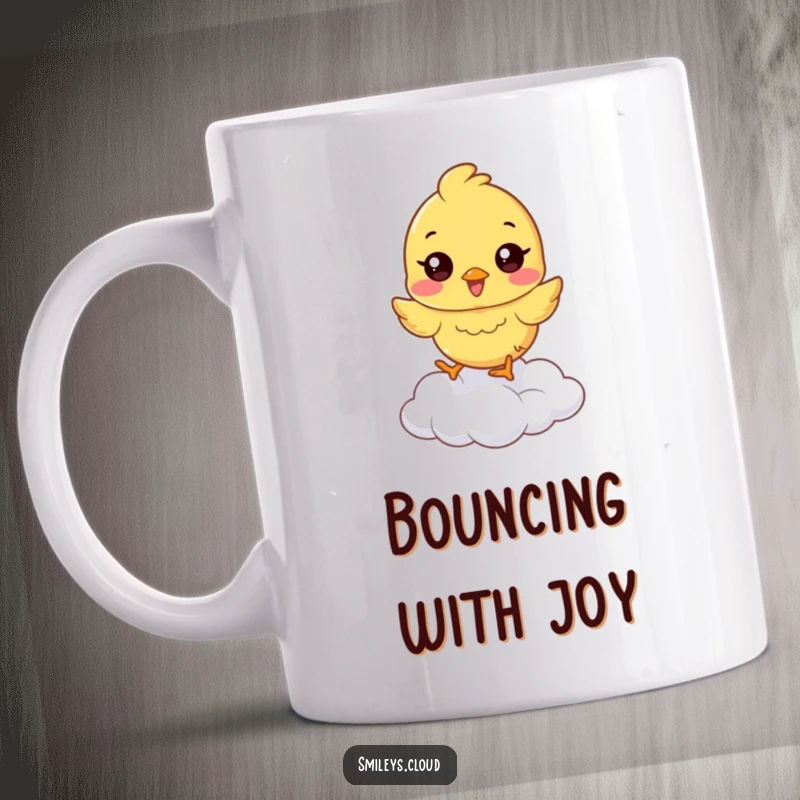 Funny chick mug showing a happy chick hopping on a cloud, a hilarious and uplifting design.