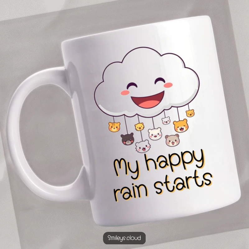 Funny mug of a smiling cloud character raining down tiny, happy animal faces, spreading cheer and delight.