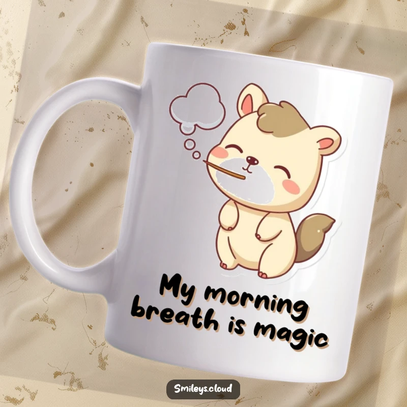 Funny mug featuring a playful animal gently blowing a cloud-shaped puff of air, radiating joy and whimsical charm.