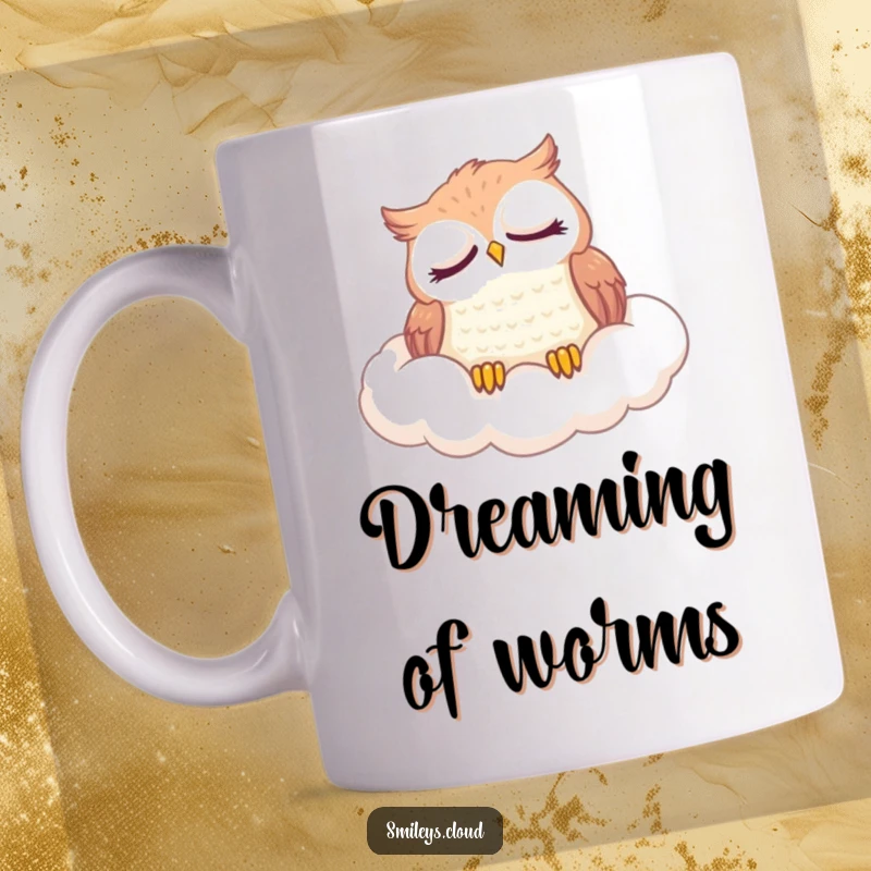 Funny mug with a content owl peacefully napping on a soft, wispy cloud, symbolizing relaxation and love for books.
