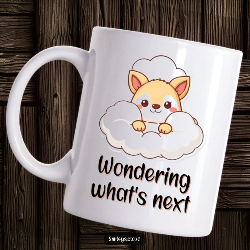 Funny mug showing a cute animal character peeking out from behind a fluffy cloud with wide, curious eyes.